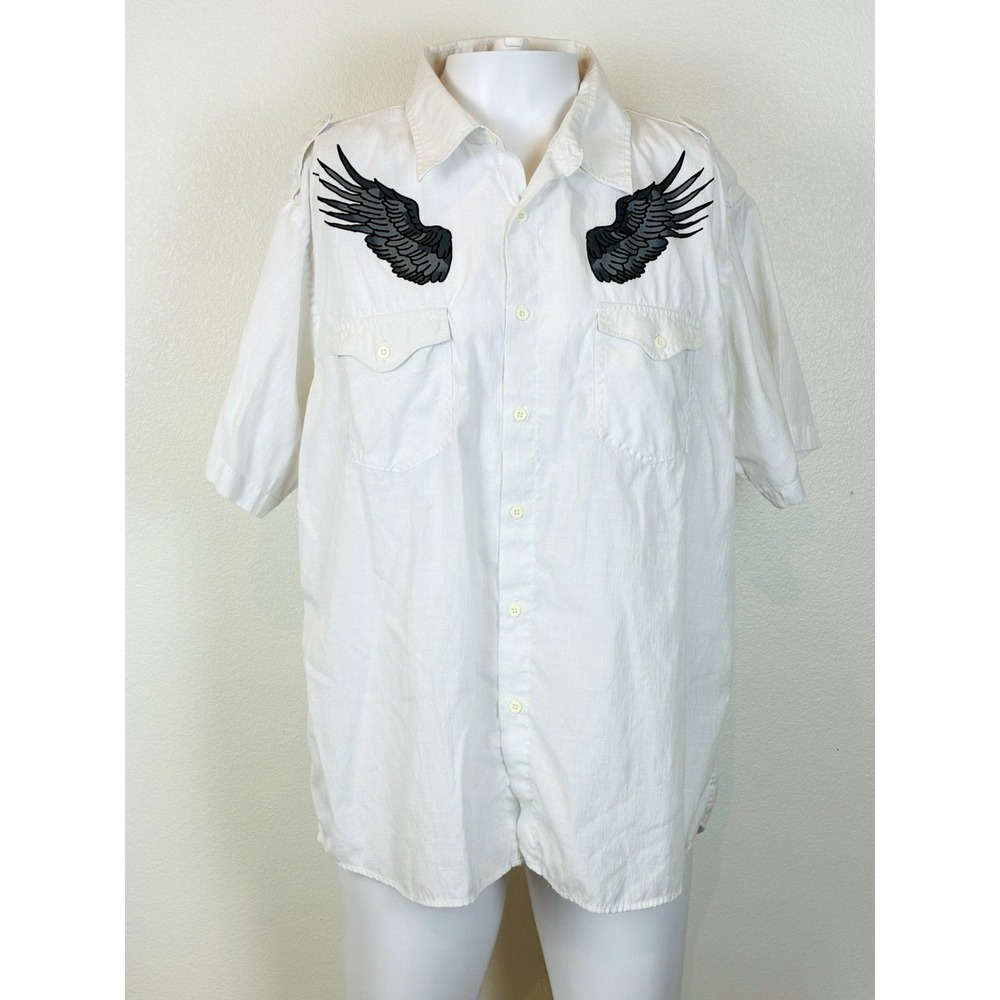 Vercho Clothing Y2K Shirt Mens XL White Angel Wings Short Sleeve Street Grunge